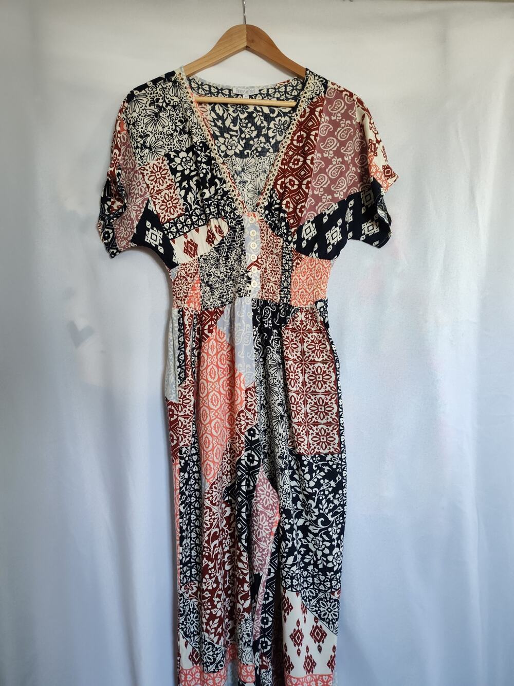 Patrons of Peace Patchwork Boho Jumpsuit Medium Wide Leg Smocked Floral Multi